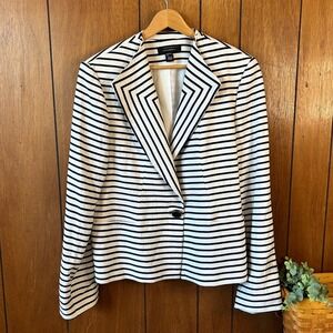 Vintage LOUBEN Striped Blazer Jacket Women Navy White Linen Blend Nautical 14‎